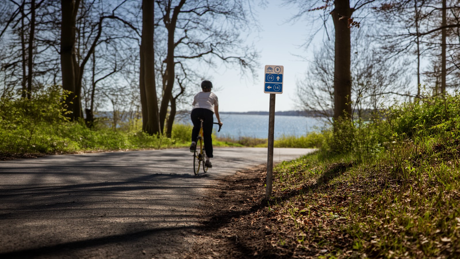 Cyklist i et sving med skilt fra Danmarks Rekreative Cykelnet