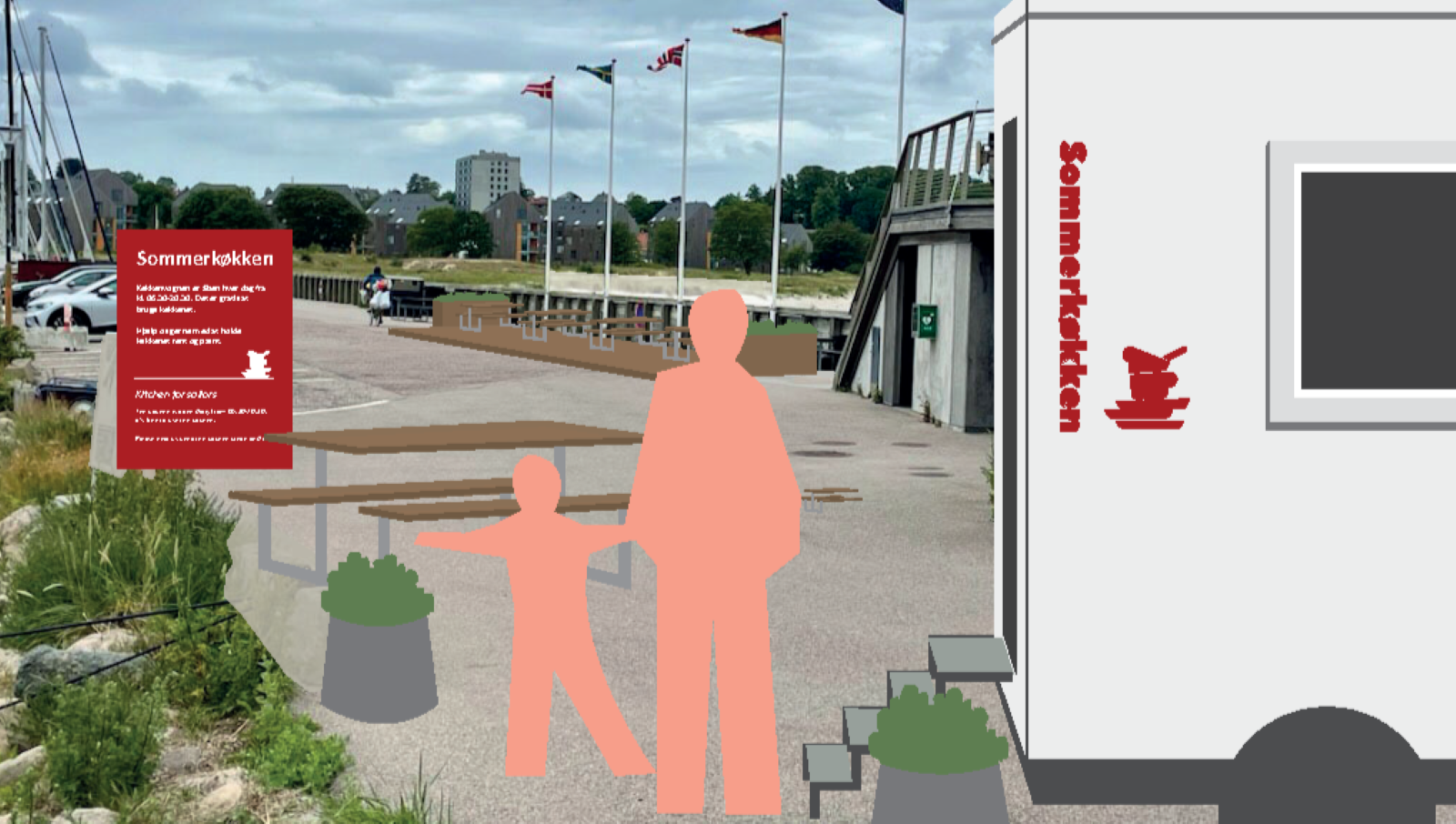 Foto af Helsingør Nordhavn med grafik af madvogn, borde og bænke samt figurer