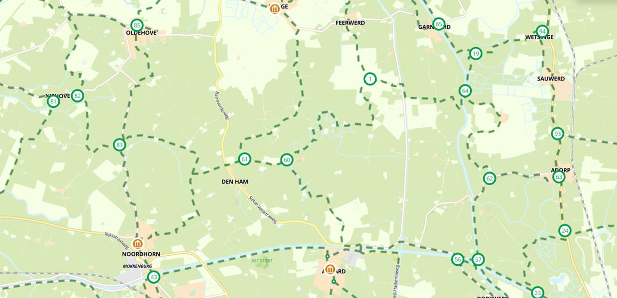 Kortudsnit af cykelknudepunktsnetværket nær Groningen i Holland